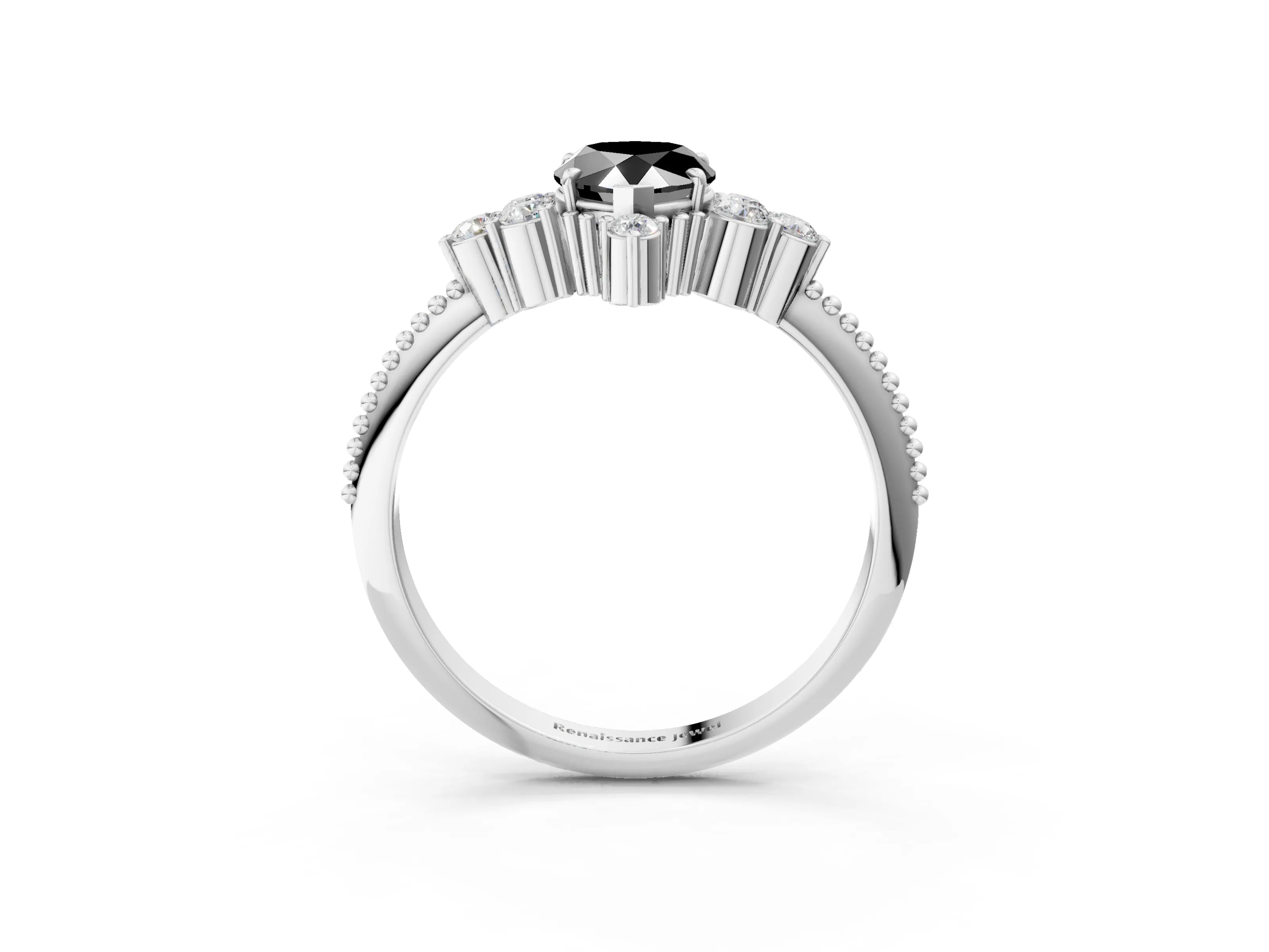 White gold Fancy Black Pear Cut Brilliant Diamond with Cluster Setting on a Beaded Band and Four-Prong Setting_3