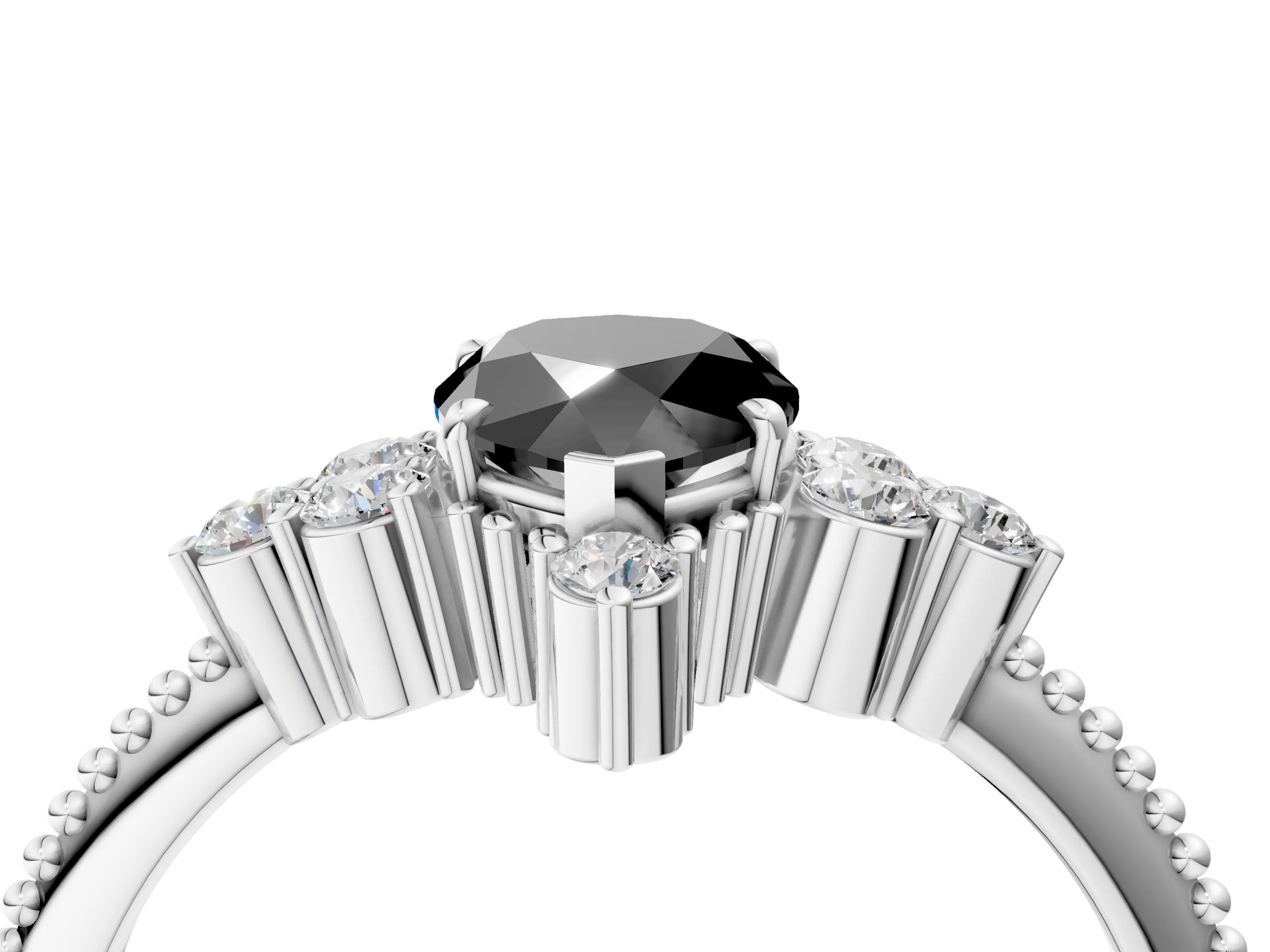 White gold Fancy Black Pear Cut Brilliant Diamond with Cluster Setting on a Beaded Band and Four-Prong Setting_4