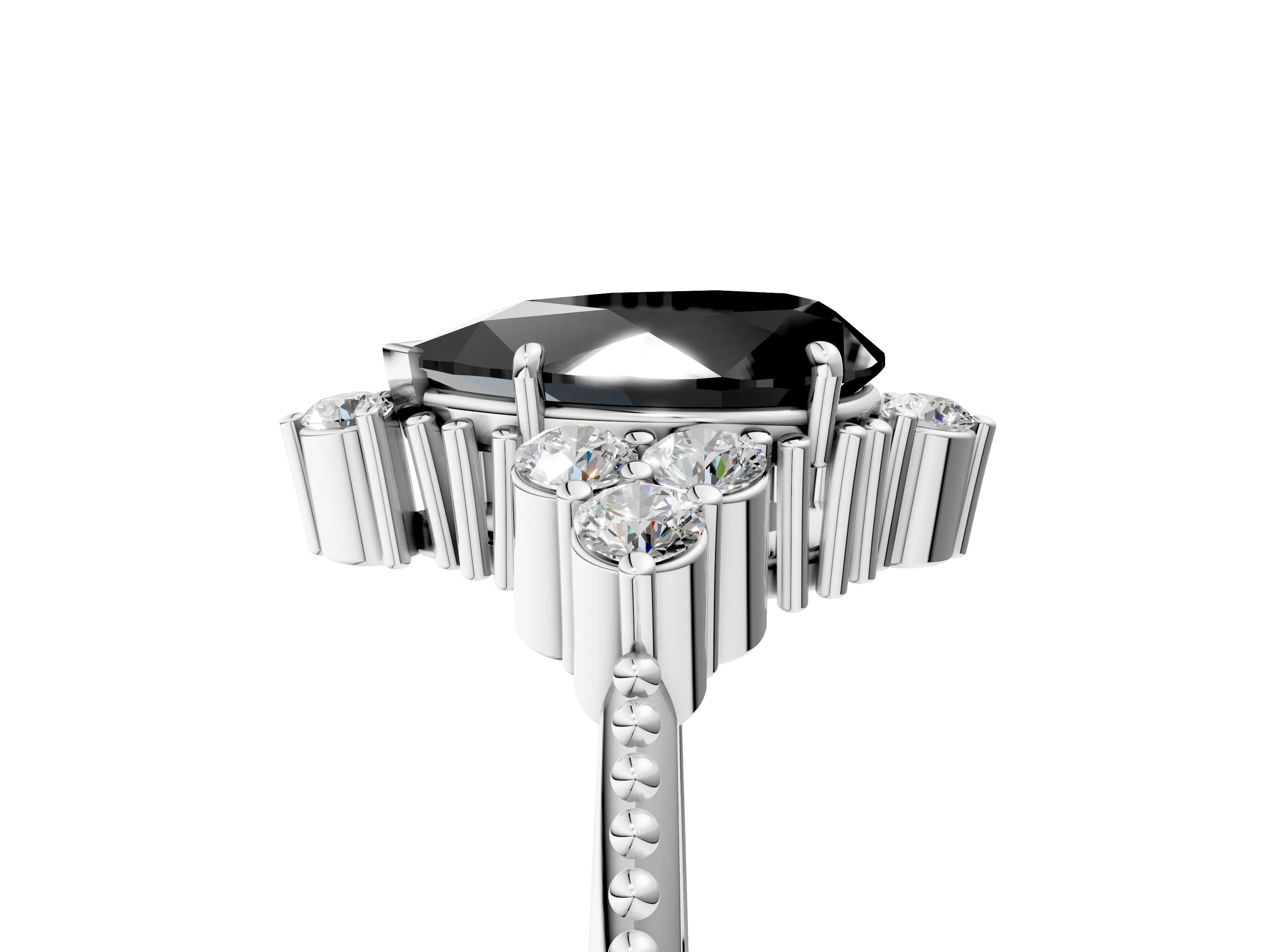 White gold Fancy Black Pear Cut Brilliant Diamond with Cluster Setting on a Beaded Band and Four-Prong Setting_5