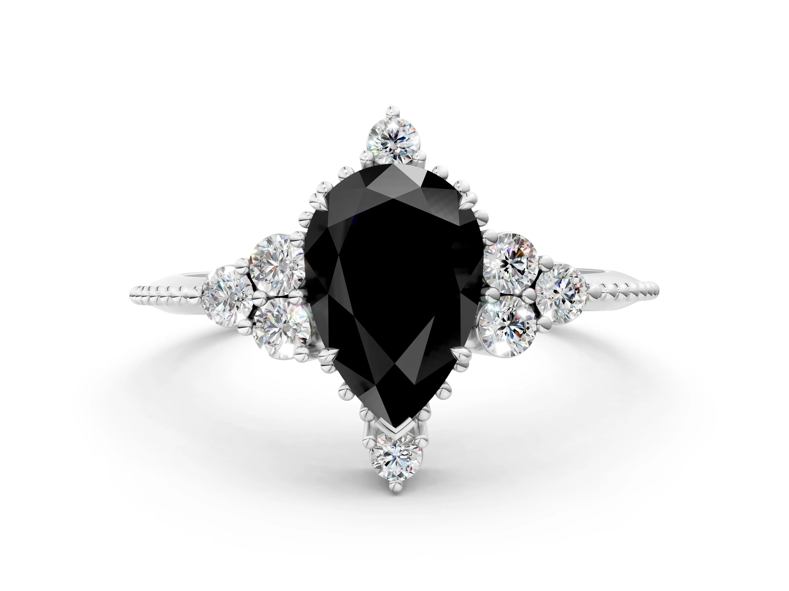 White gold Fancy Black Pear Cut Brilliant Diamond with Cluster Setting on a Beaded Band and Four-Prong Setting