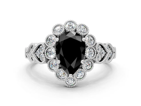White gold Fancy Black Pear Cut Brilliant Milgrain Pave Heart Band Solitaire Ring_12