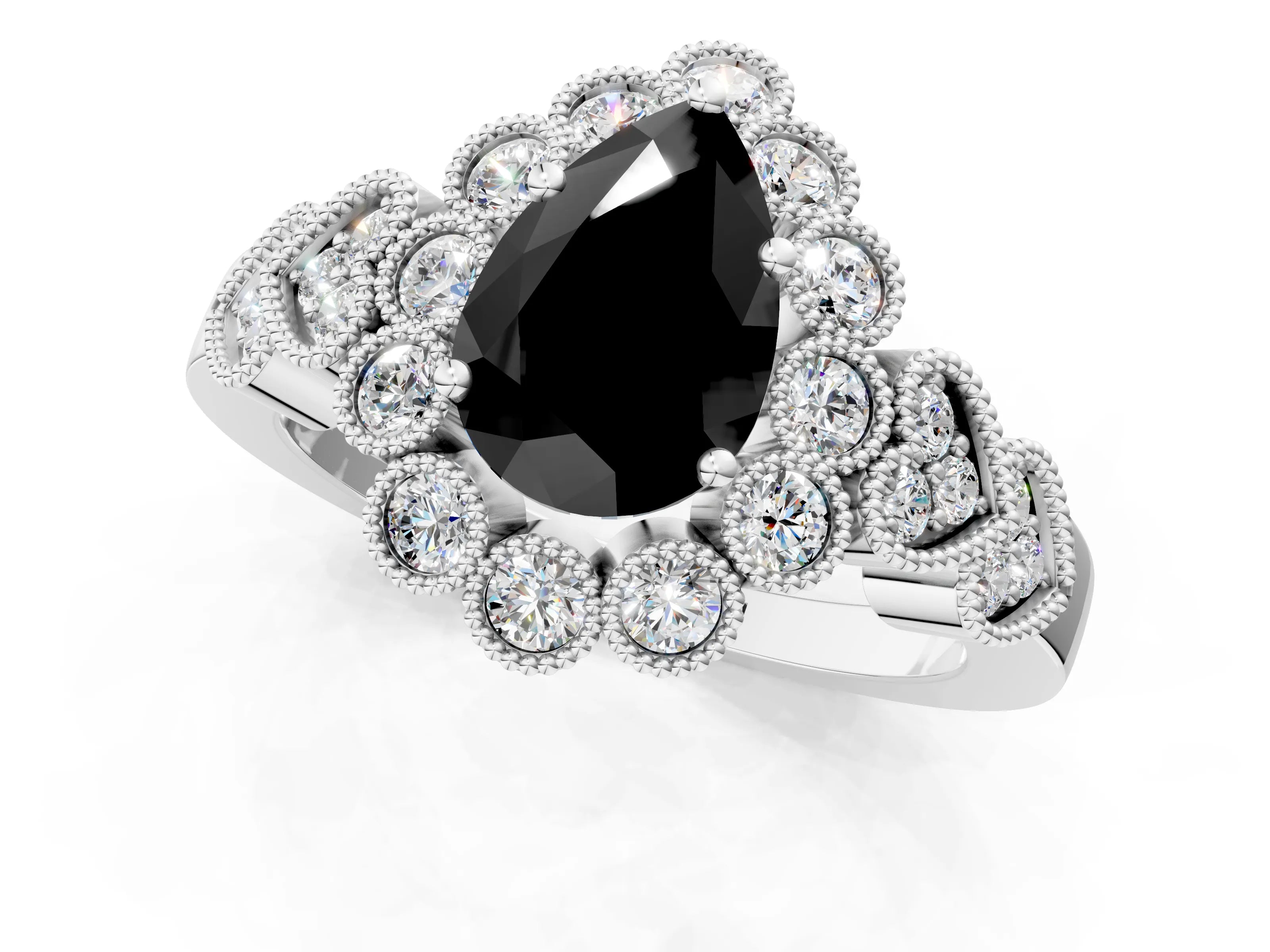 White gold Fancy Black Pear Cut Brilliant Milgrain Pave Heart Band Solitaire Ring_13