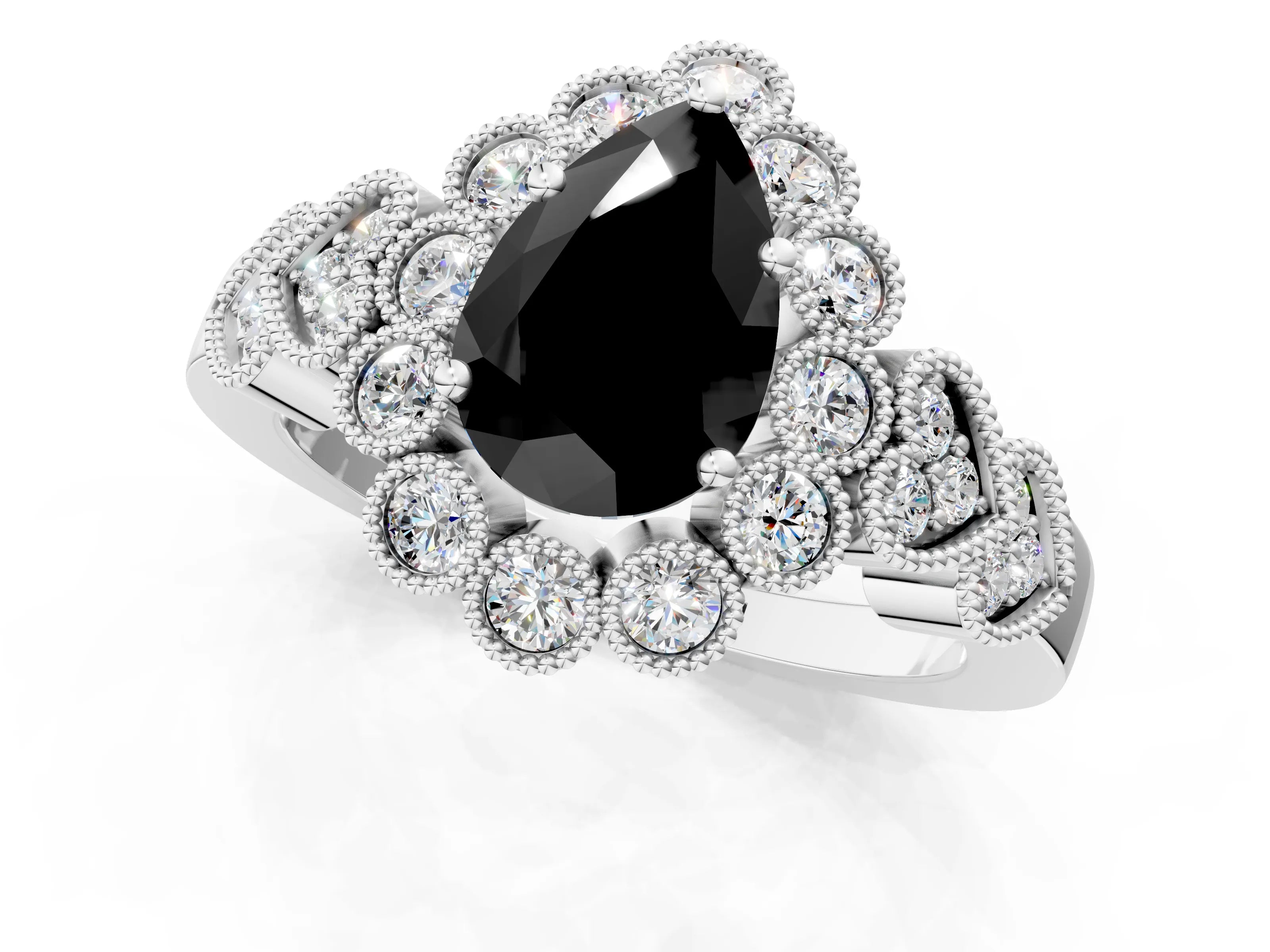 White gold Fancy Black Pear Cut Brilliant Milgrain Pave Heart Band Solitaire Ring_13