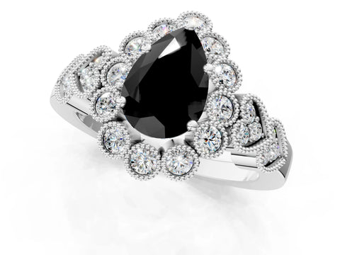 White gold Fancy Black Pear Cut Brilliant Milgrain Pave Heart Band Solitaire Ring_13