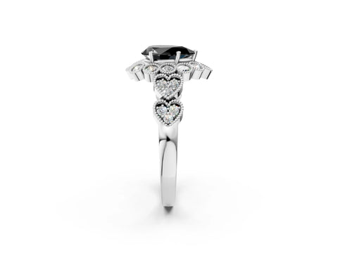 White gold Fancy Black Pear Cut Brilliant Milgrain Pave Heart Band Solitaire Ring_14