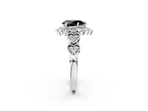 White gold Fancy Black Pear Cut Brilliant Milgrain Pave Heart Band Solitaire Ring_14