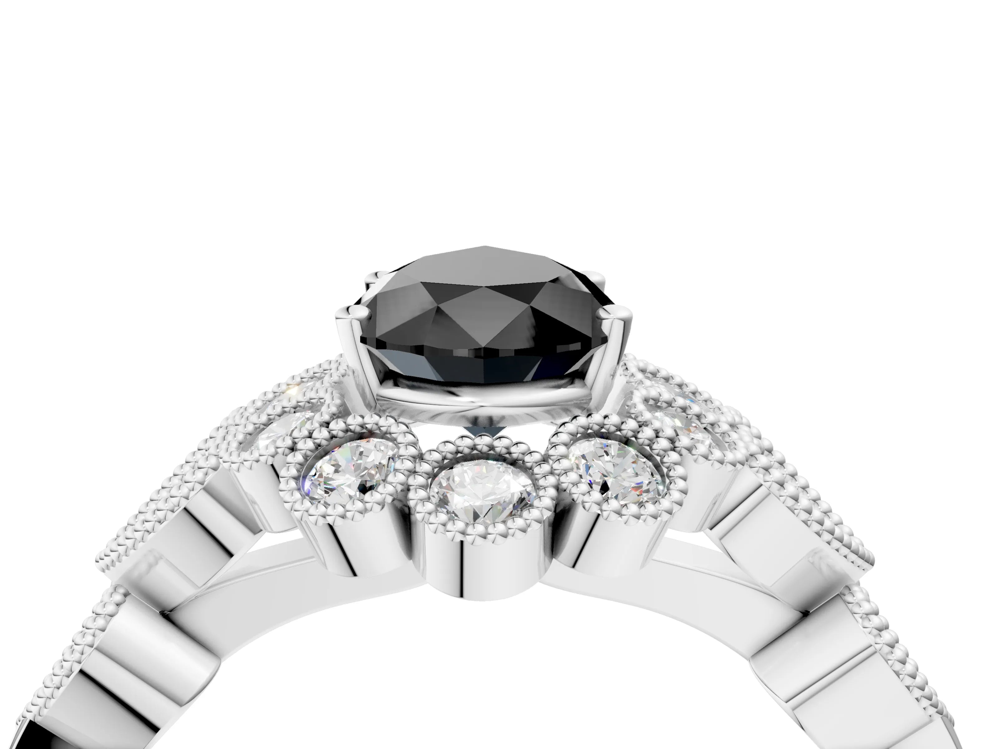 White gold Fancy Black Pear Cut Brilliant Milgrain Pave Heart Band Solitaire Ring_16