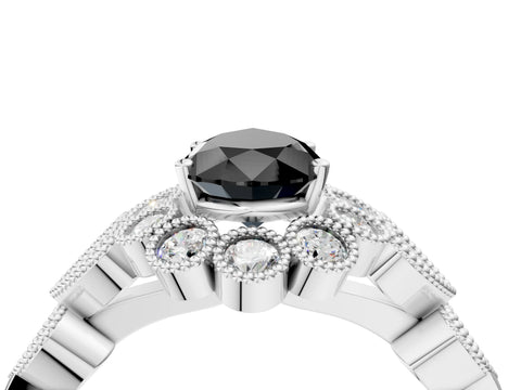 White gold Fancy Black Pear Cut Brilliant Milgrain Pave Heart Band Solitaire Ring_16