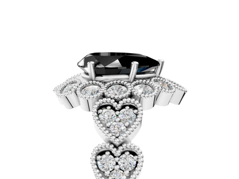 White gold Fancy Black Pear Cut Brilliant Milgrain Pave Heart Band Solitaire Ring_17