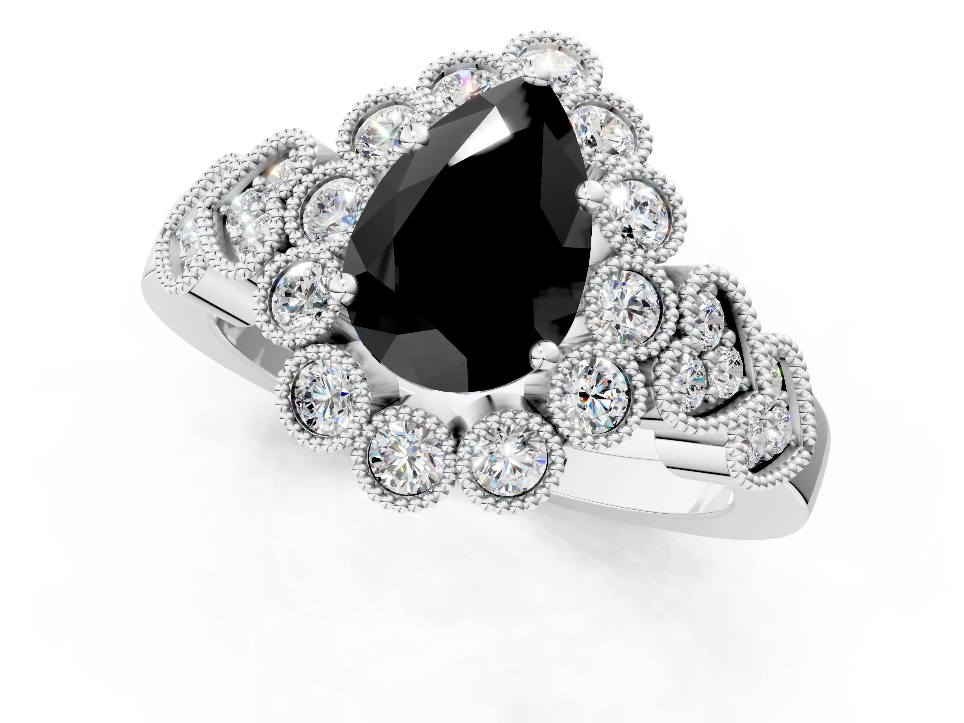 White gold Fancy Black Pear Cut Brilliant Milgrain Pave Heart Band Solitaire Ring_1