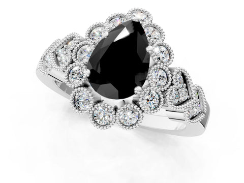 White gold Fancy Black Pear Cut Brilliant Milgrain Pave Heart Band Solitaire Ring_1