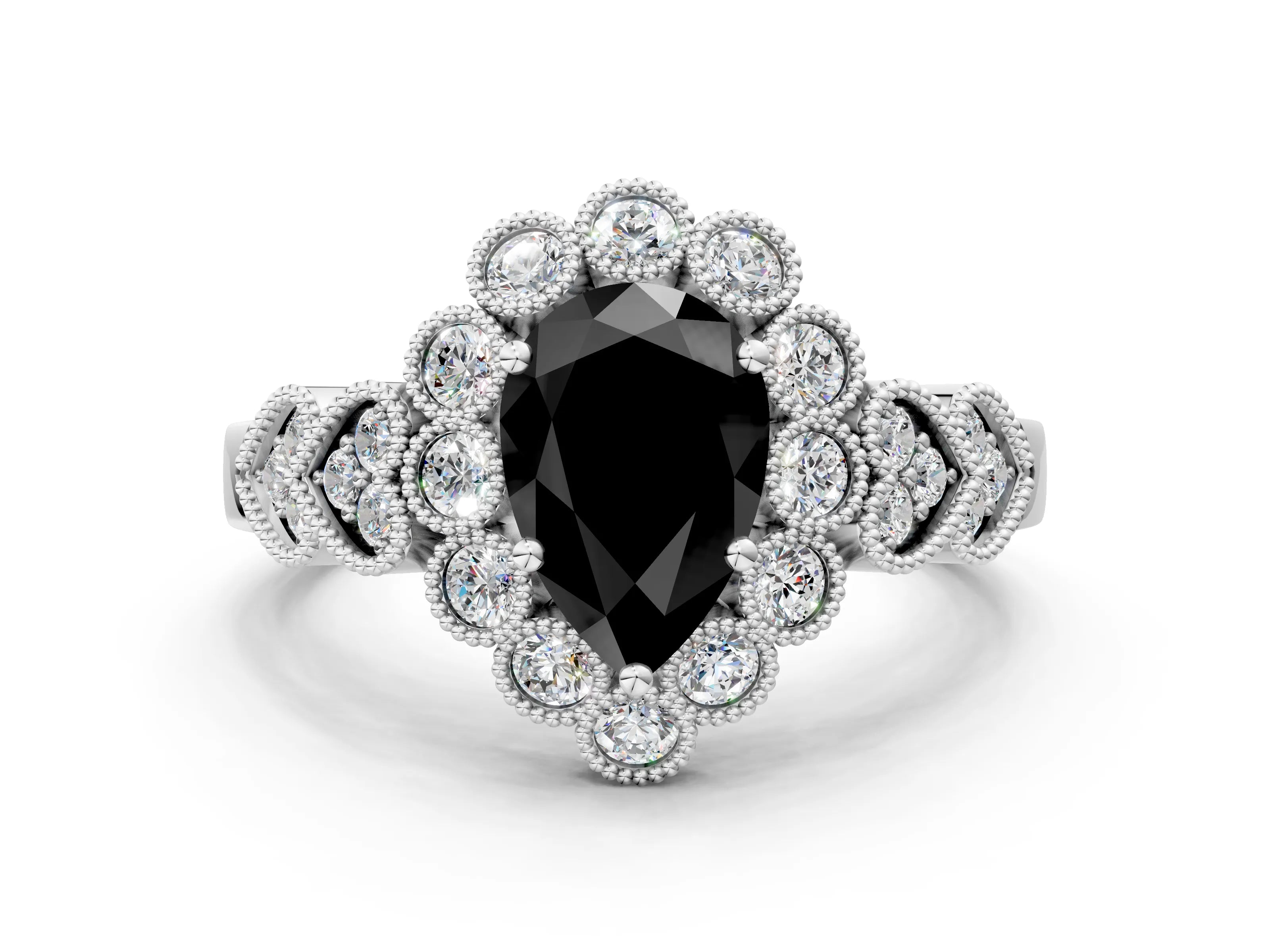 White gold Fancy Black Pear Cut Brilliant Milgrain Pave Heart Band Solitaire Ring_20