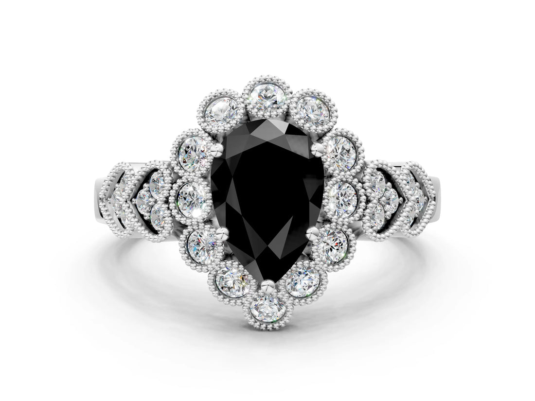 White gold Fancy Black Pear Cut Brilliant Milgrain Pave Heart Band Solitaire Ring_20