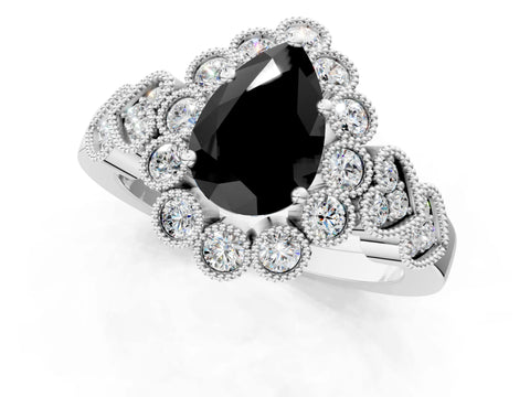 White gold Fancy Black Pear Cut Brilliant Milgrain Pave Heart Band Solitaire Ring_21