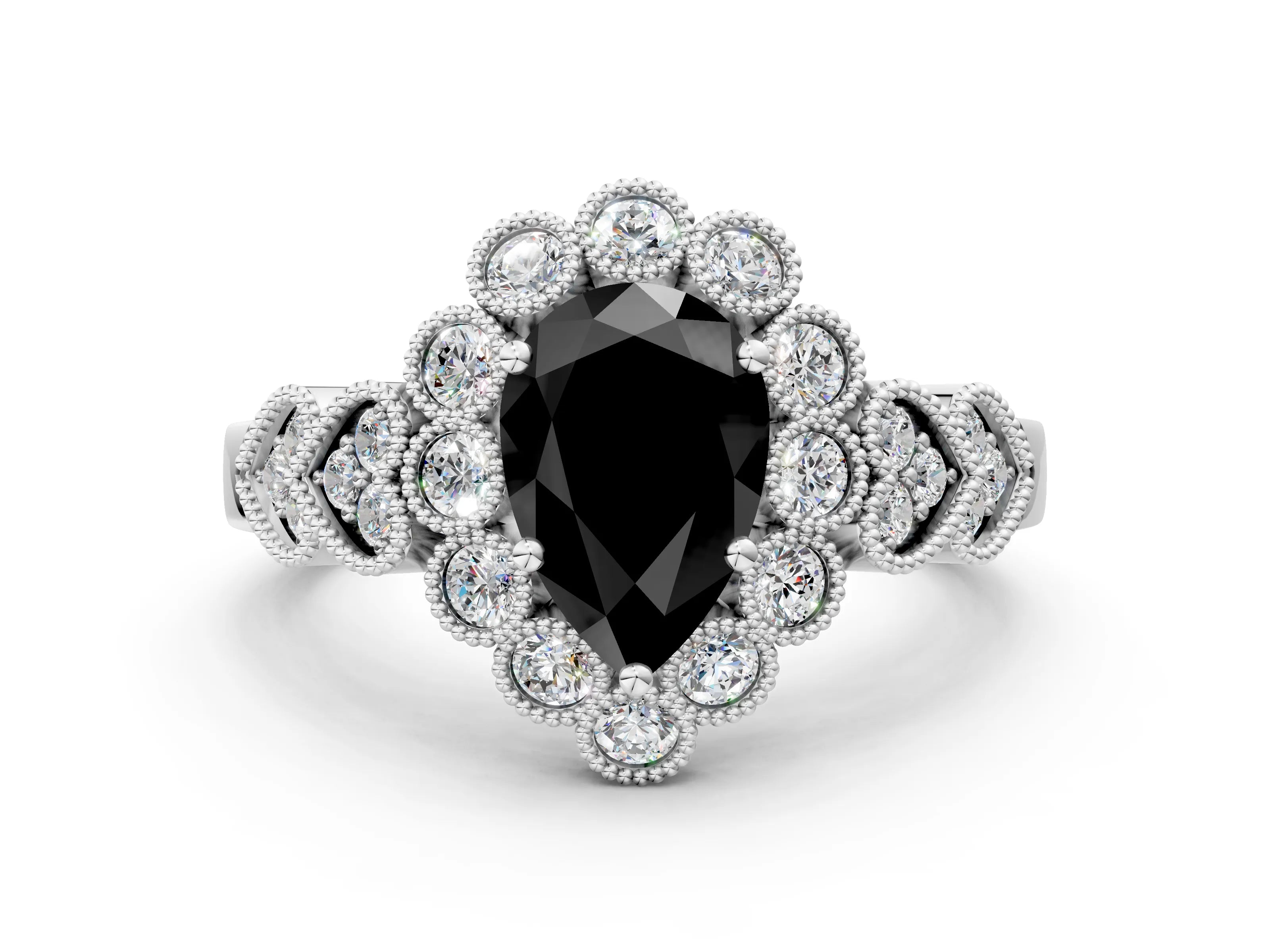 White gold Fancy Black Pear Cut Brilliant Milgrain Pave Heart Band Solitaire Ring_24