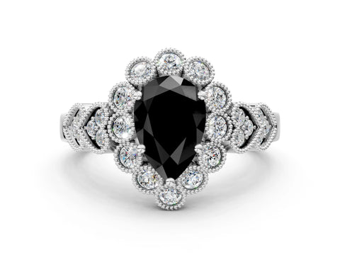 White gold Fancy Black Pear Cut Brilliant Milgrain Pave Heart Band Solitaire Ring_24
