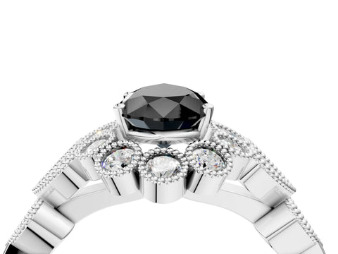 White gold Fancy Black Pear Cut Brilliant Milgrain Pave Heart Band Solitaire Ring_28