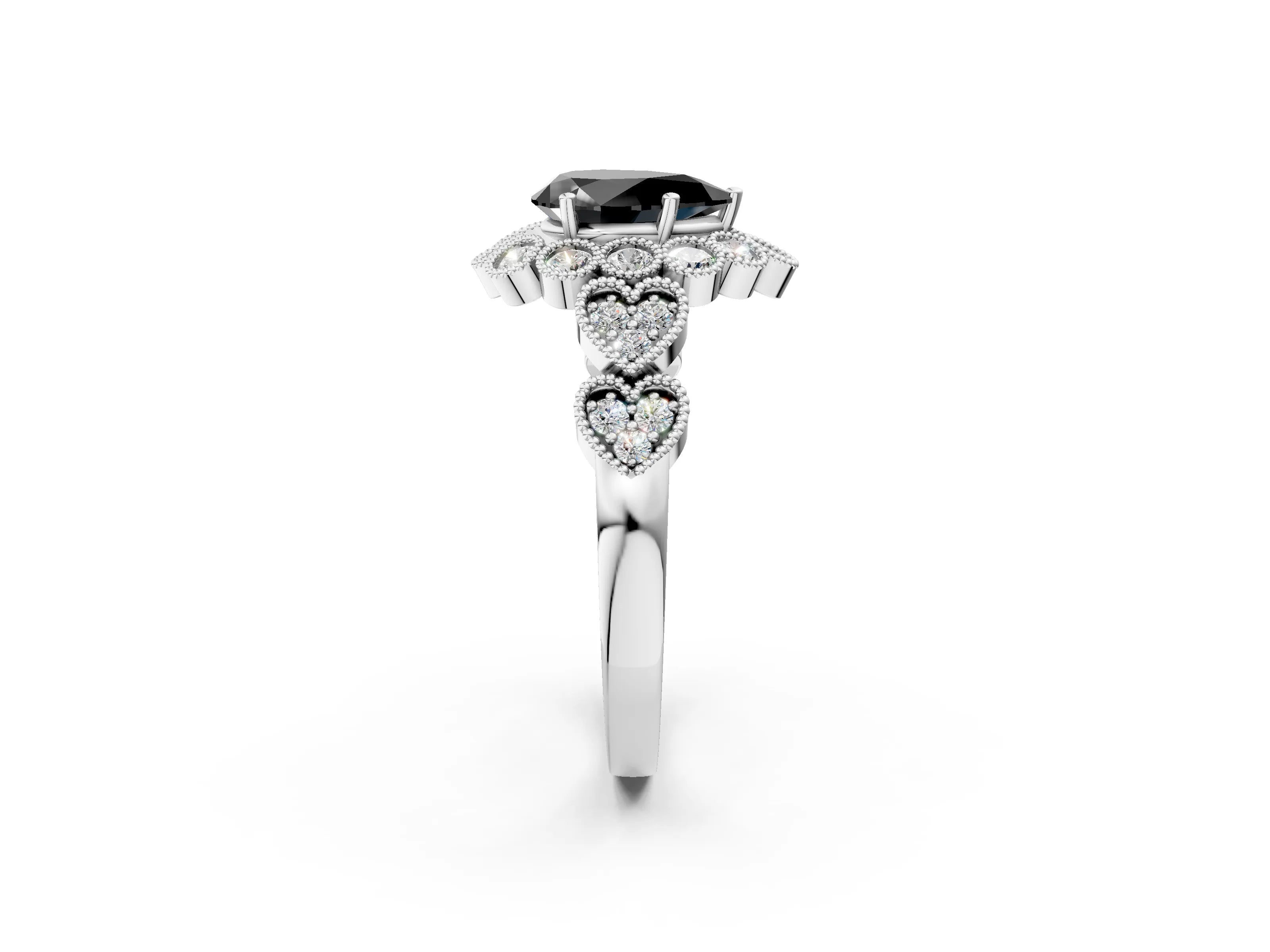 White gold Fancy Black Pear Cut Brilliant Milgrain Pave Heart Band Solitaire Ring_2