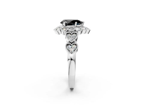 White gold Fancy Black Pear Cut Brilliant Milgrain Pave Heart Band Solitaire Ring_2