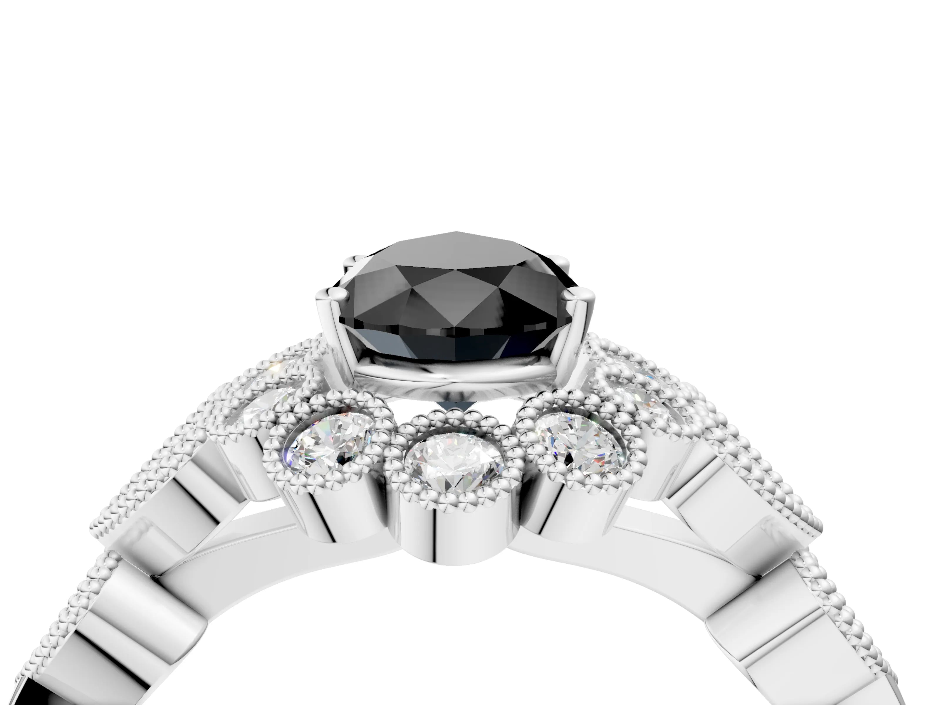 White gold Fancy Black Pear Cut Brilliant Milgrain Pave Heart Band Solitaire Ring_4