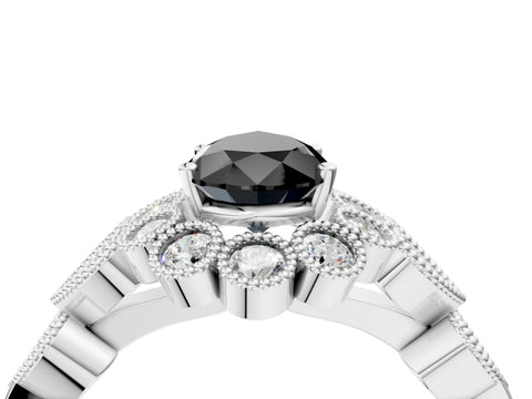 White gold Fancy Black Pear Cut Brilliant Milgrain Pave Heart Band Solitaire Ring_4