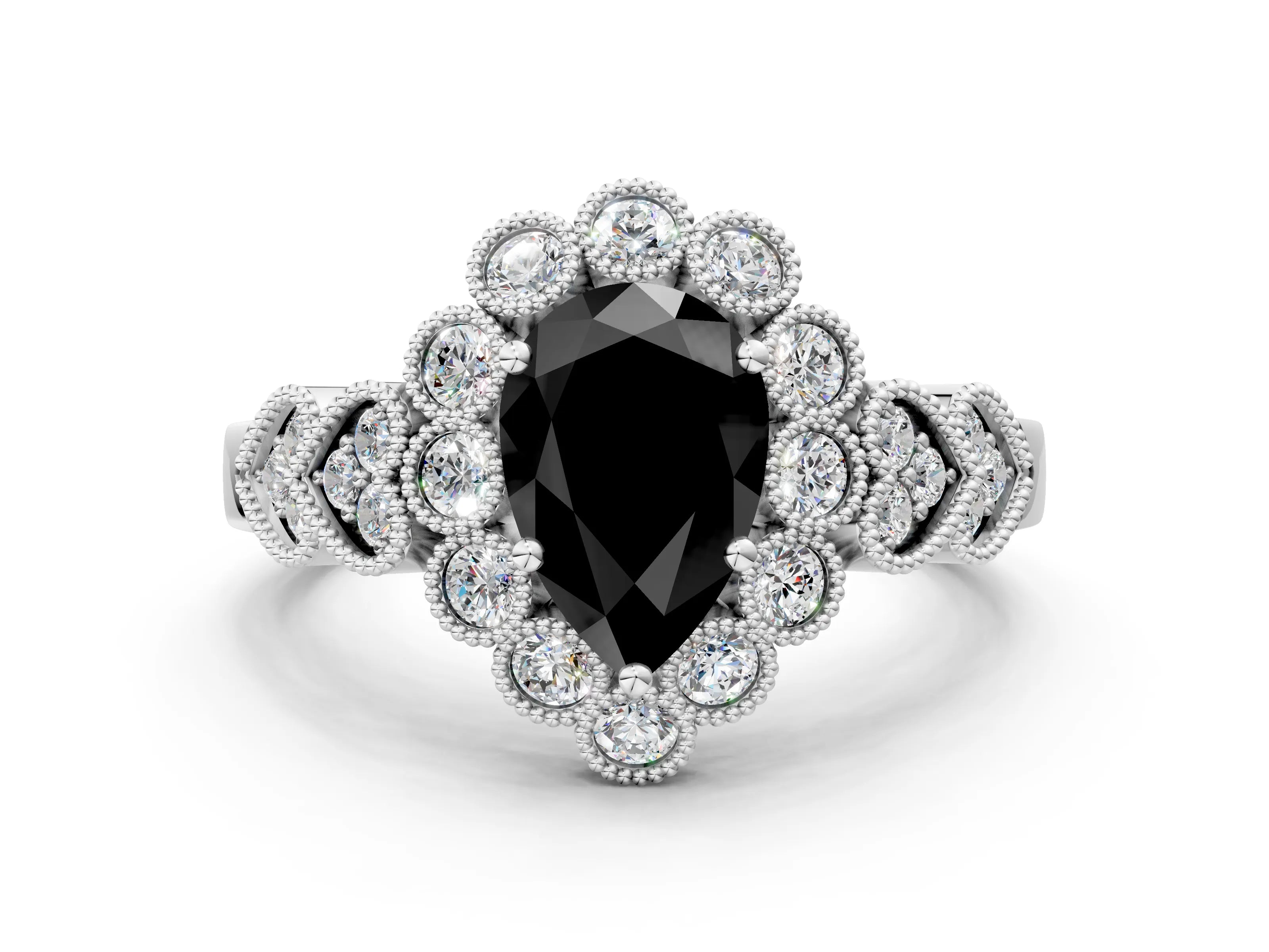White gold Fancy Black Pear Cut Brilliant Milgrain Pave Heart Band Solitaire Ring