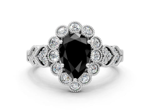 White gold Fancy Black Pear Cut Brilliant Milgrain Pave Heart Band Solitaire Ring