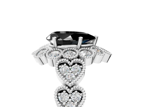White gold Fancy Black Pear Cut Brilliant Milgrain Pave Heart Band Solitaire Ring_5