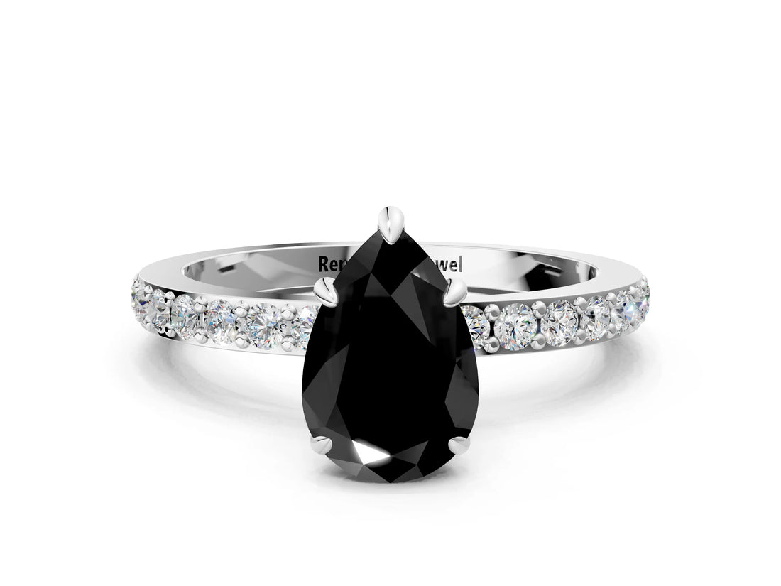 White gold Fancy Black Pear Cut Brilliant Pavé Band Solitaire with Four-Prong Setting