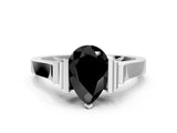 White gold Fancy Black Pear Cut Brilliant Solitaire Diamond Ring with Channel Set Band and Bar Prong Setting