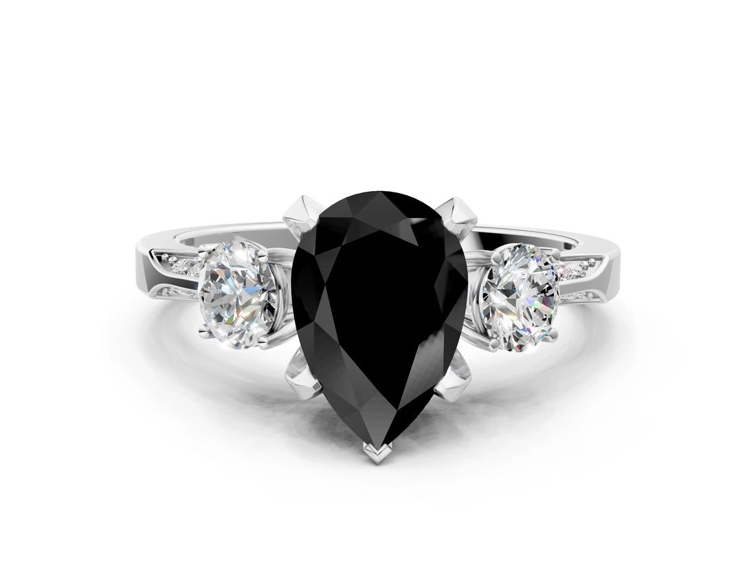 White gold Fancy Black Pear Cut Brilliant Three-Stone Diamond Ring with Pavé Band and Four-Prong Setting_33
