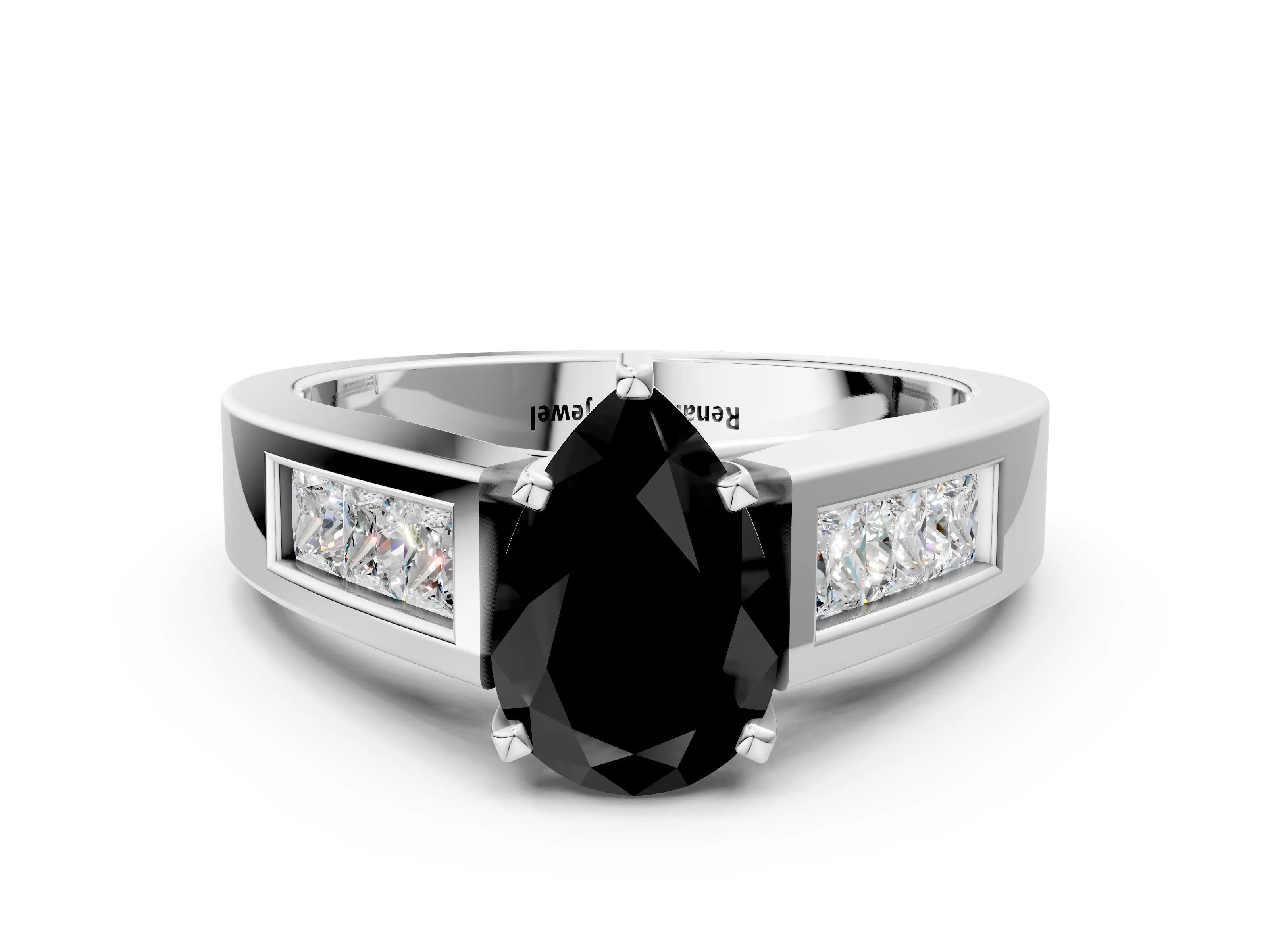White gold Fancy Black Pear Cut Cut Channel Set Solitaire Ring with Four-Prong Setting