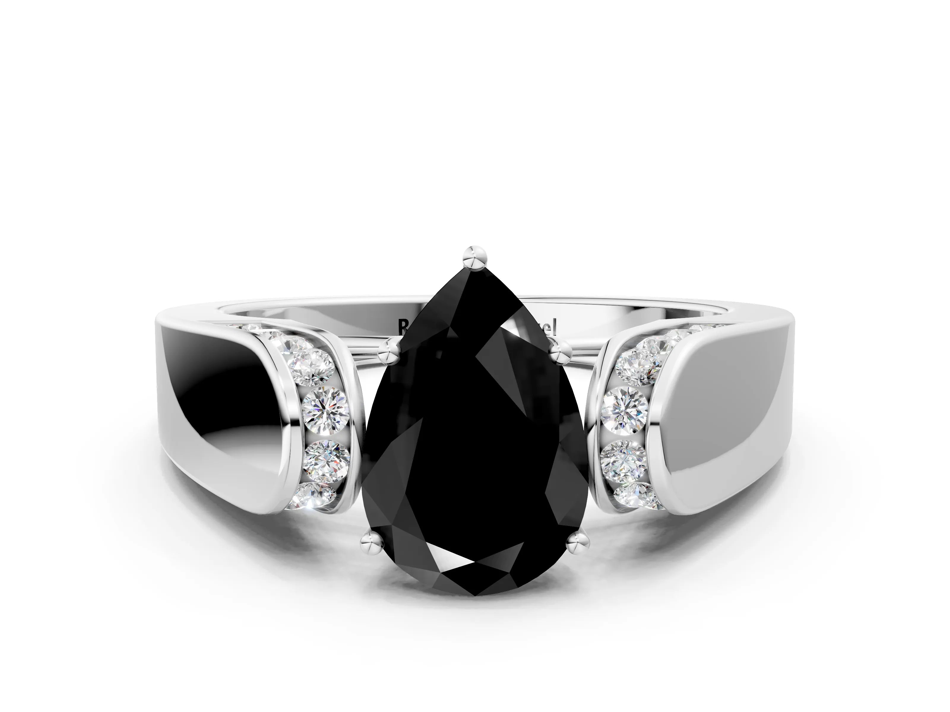 White gold Fancy Black Pear Cut Cut Diamond Channel Set Solitaire Ring with Four-Prong Setting