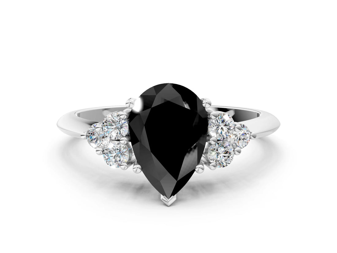 White gold Fancy Black Pear Cut Cut Diamond Cluster Ring with Solitaire Band and Four-Prong Setting_12