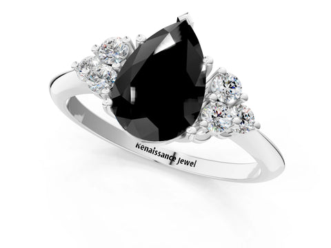 White gold Fancy Black Pear Cut Cut Diamond Cluster Ring with Solitaire Band and Four-Prong Setting_13