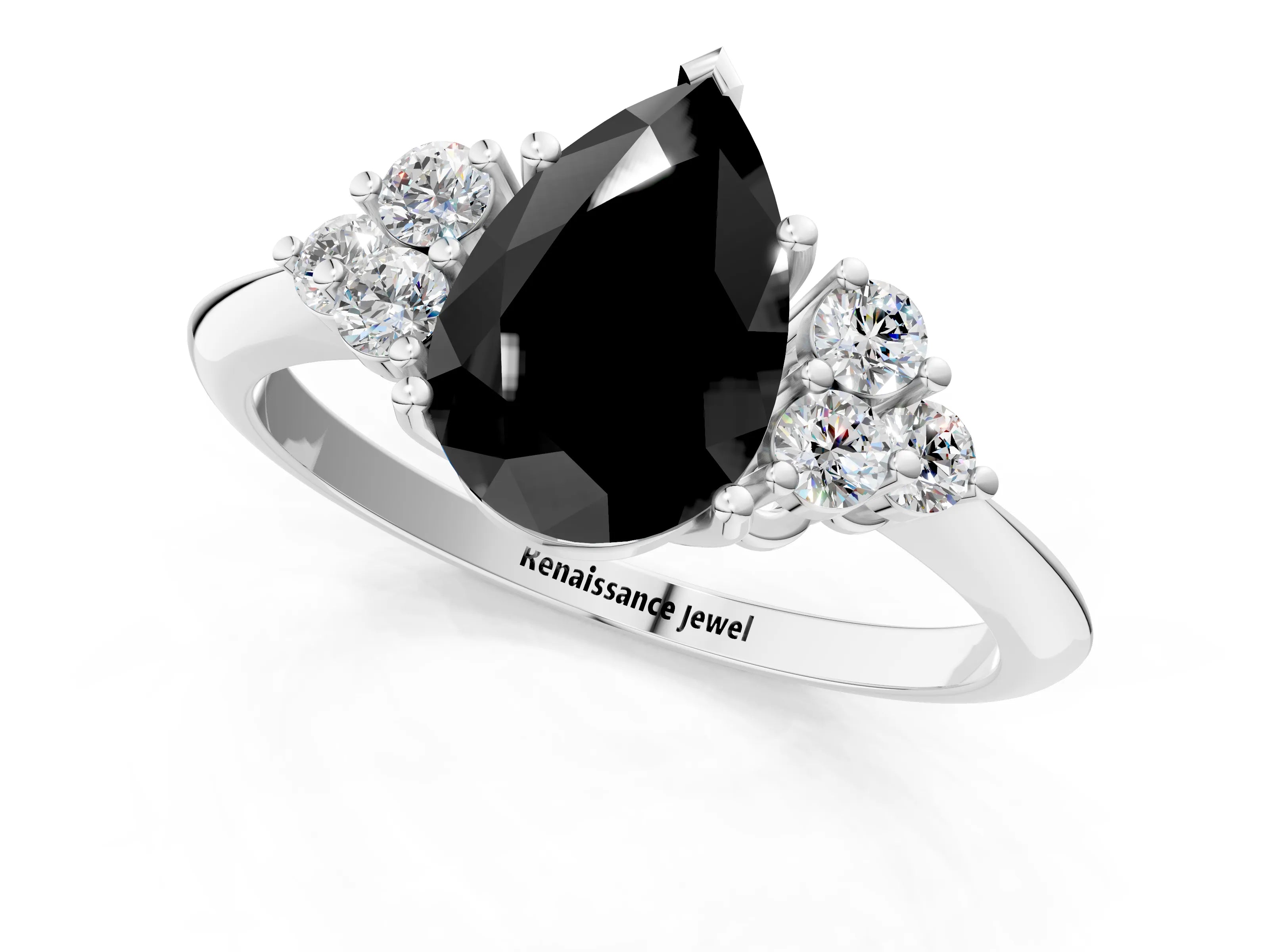 White gold Fancy Black Pear Cut Cut Diamond Cluster Ring with Solitaire Band and Four-Prong Setting_1