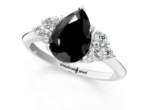 White gold Fancy Black Pear Cut Cut Diamond Cluster Ring with Solitaire Band and Four-Prong Setting_1
