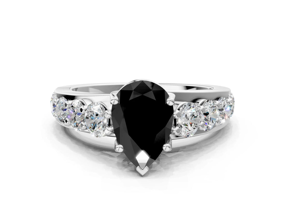 White gold Fancy Black Pear Cut Cut Diamond Engagement Ring with Pavé Band and Four-Prong Setting