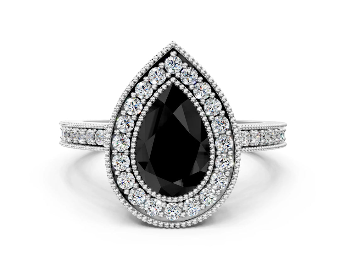 White gold Fancy Black Pear Cut-Cut Diamond Halo Engagement Ring with Pave Band and Prong Setting