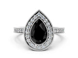 White gold Fancy Black Pear Cut-Cut Diamond Halo Engagement Ring with Pave Band and Prong Setting