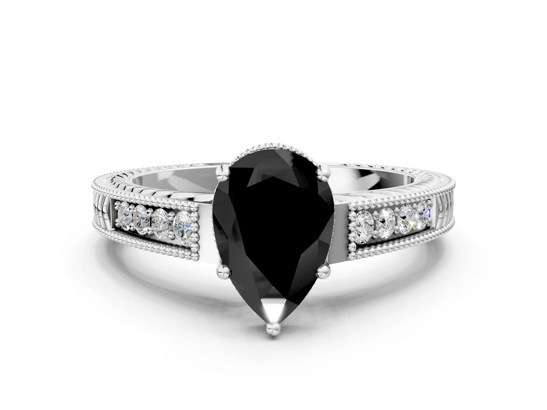 White gold Fancy Black Pear Cut Cut Diamond Milgrain Pave Band Four-Prong Setting Ring_3