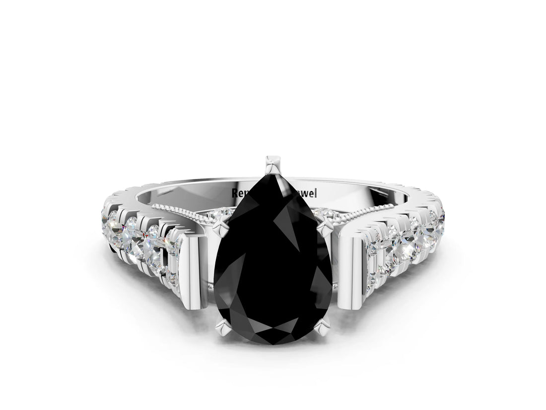 White gold Fancy Black Pear Cut Cut Diamond Pavé Band Solitaire with Four-Prong Setting