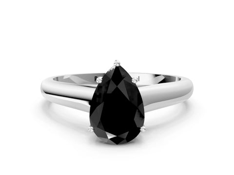 White gold Fancy Black Pear Cut Cut Diamond Solitaire Engagement Ring with Tapered Plain Band and Four-Prong Setting