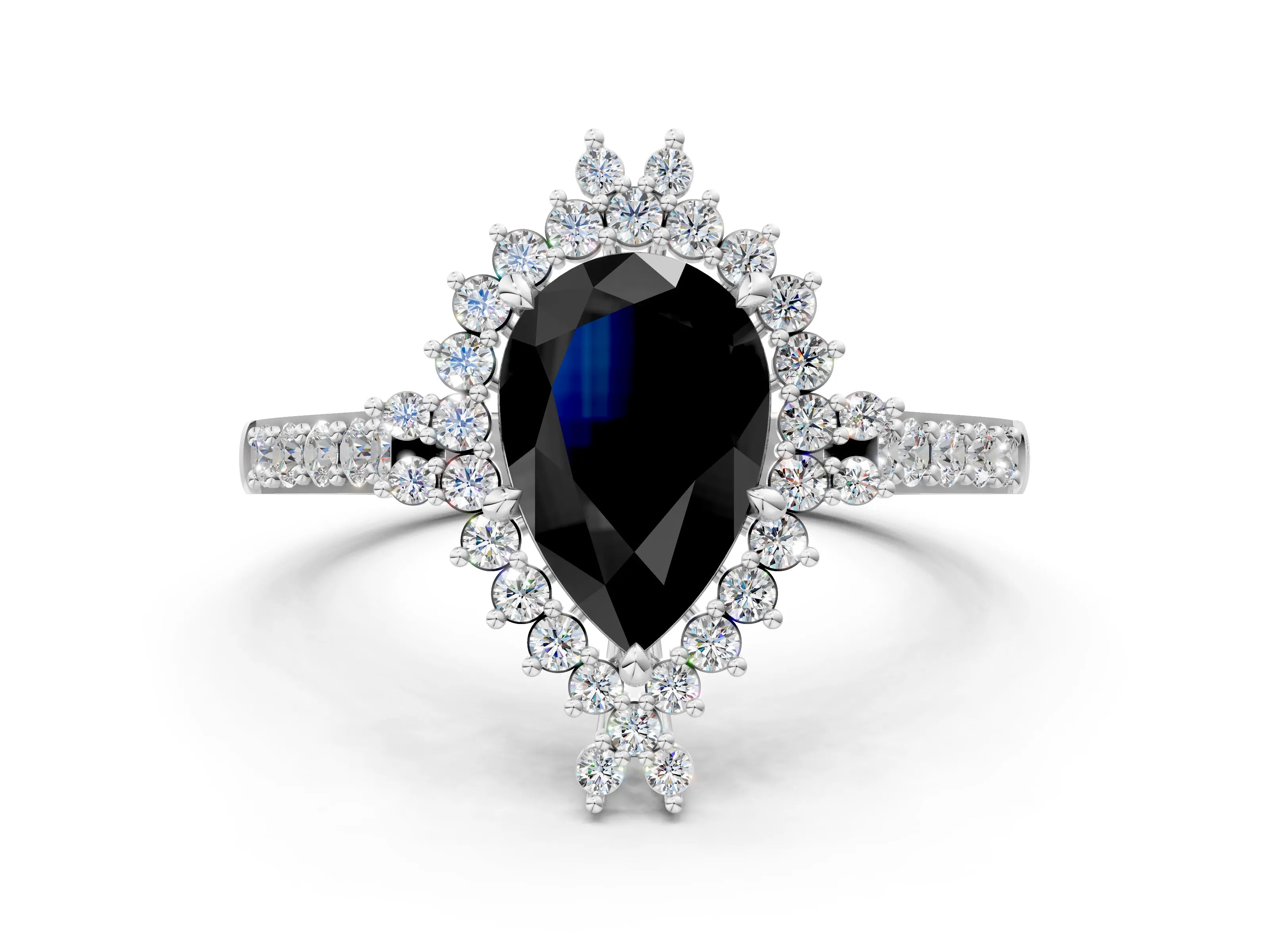 White gold Fancy Black Pear Cut Cut Diamond Sunburst Halo Engagement Ring with Pavé Band