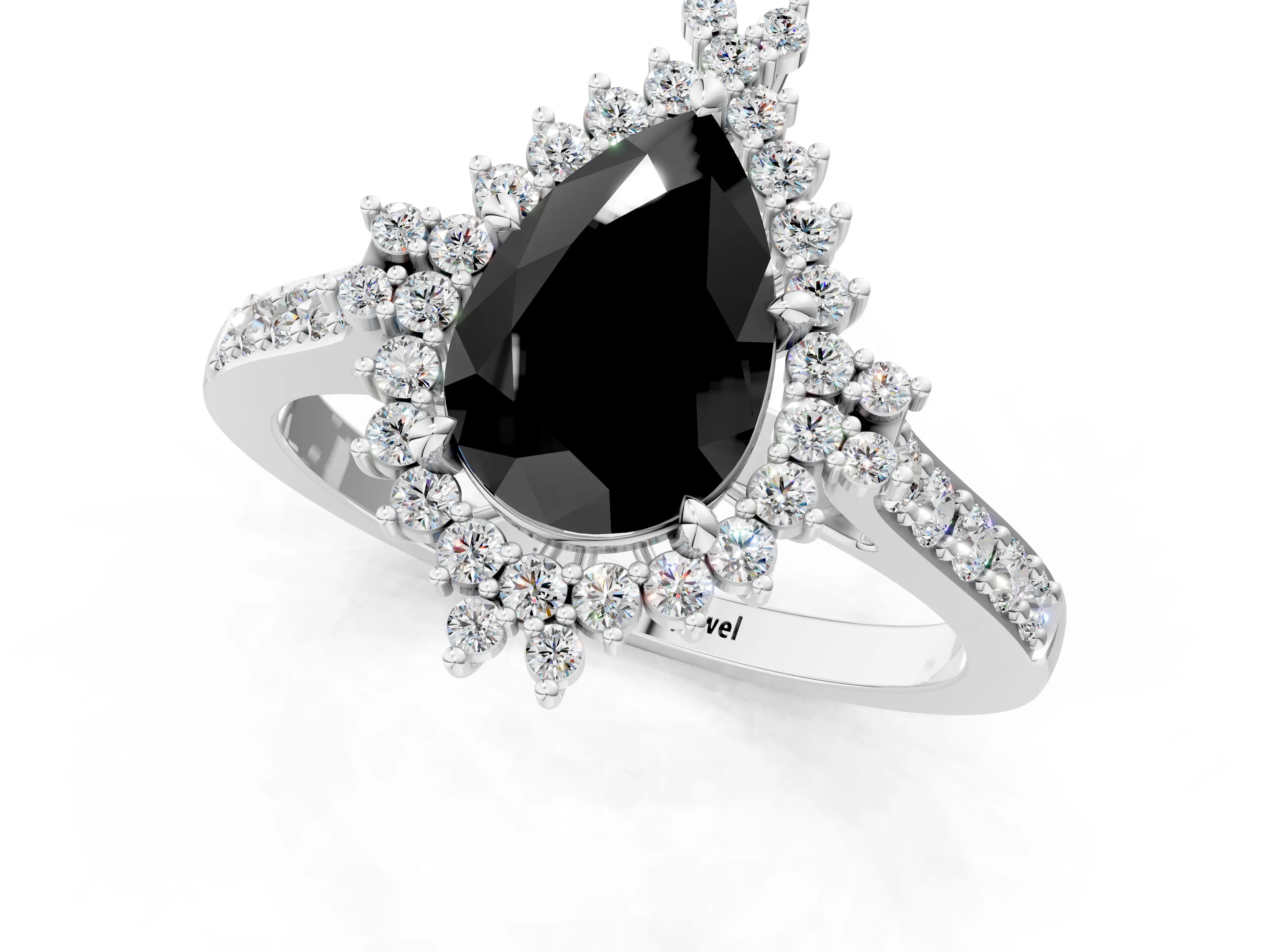 White gold Fancy Black Pear Cut Cut Diamond Sunburst Halo Engagement Ring with Pavé Band_1