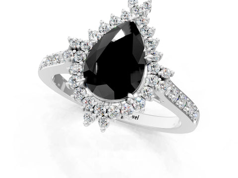 White gold Fancy Black Pear Cut Cut Diamond Sunburst Halo Engagement Ring with Pavé Band_13