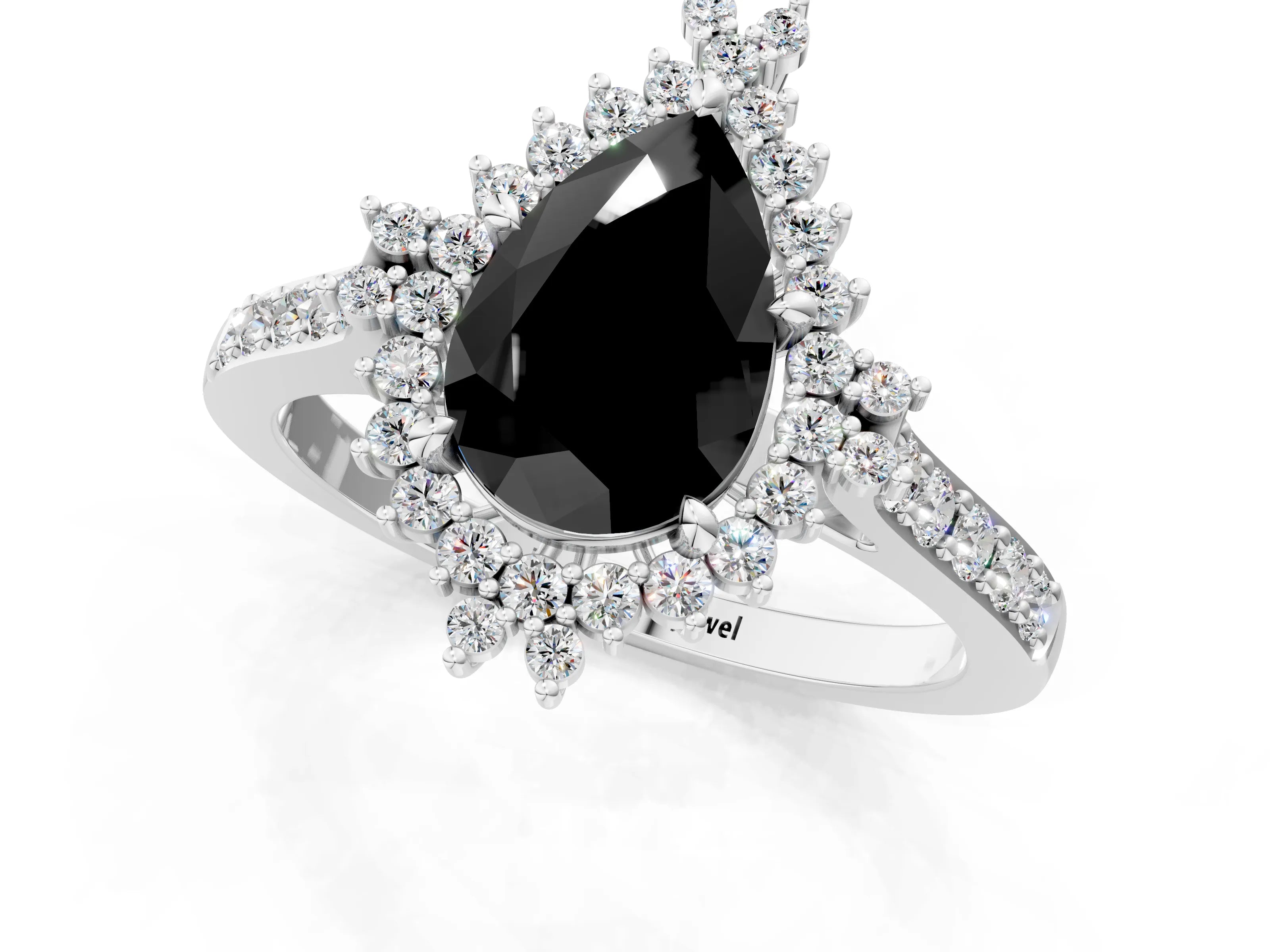 White gold Fancy Black Pear Cut Cut Diamond Sunburst Halo Engagement Ring with Pavé Band_13