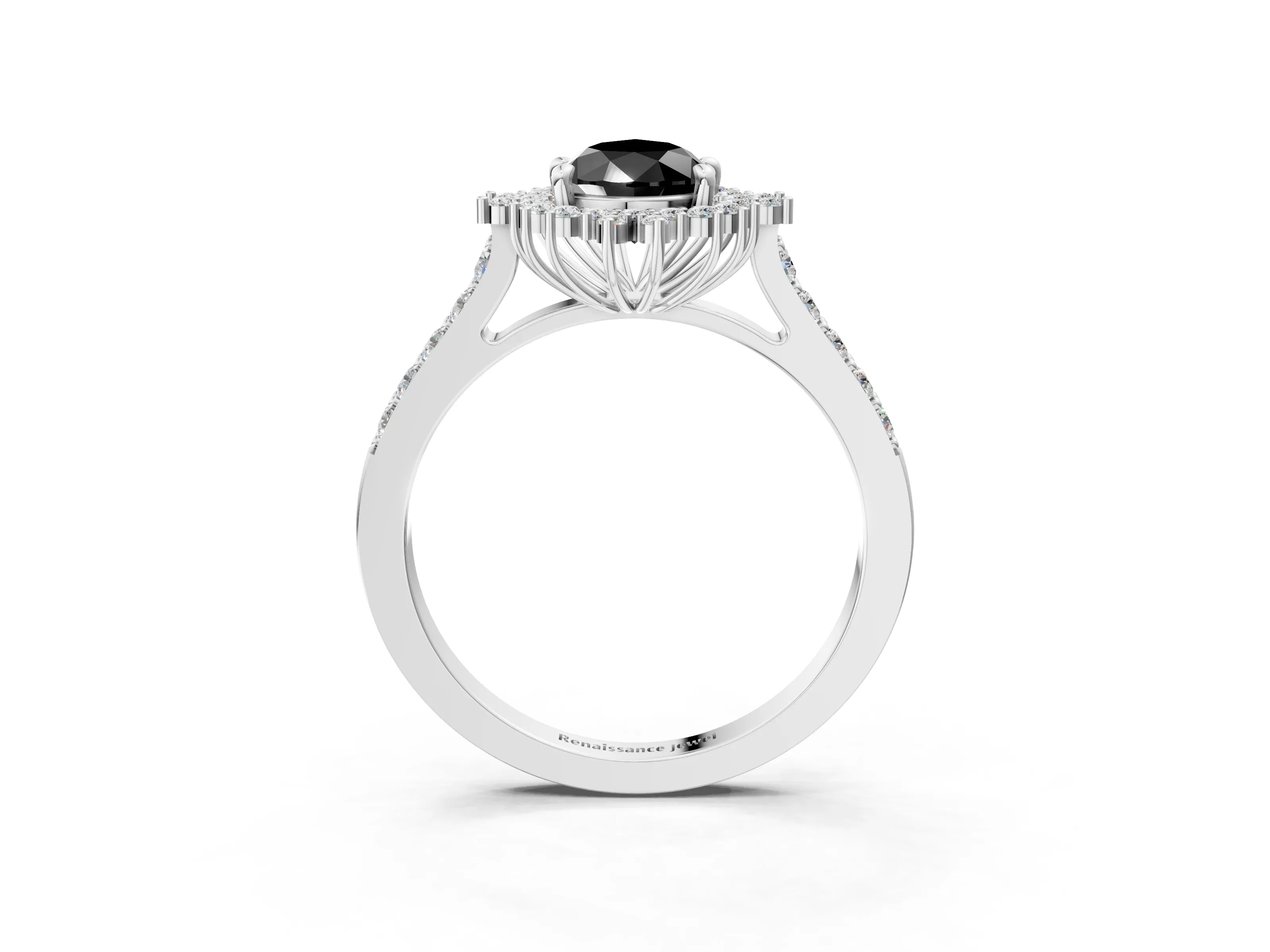 White gold Fancy Black Pear Cut Cut Diamond Sunburst Halo Engagement Ring with Pavé Band_15