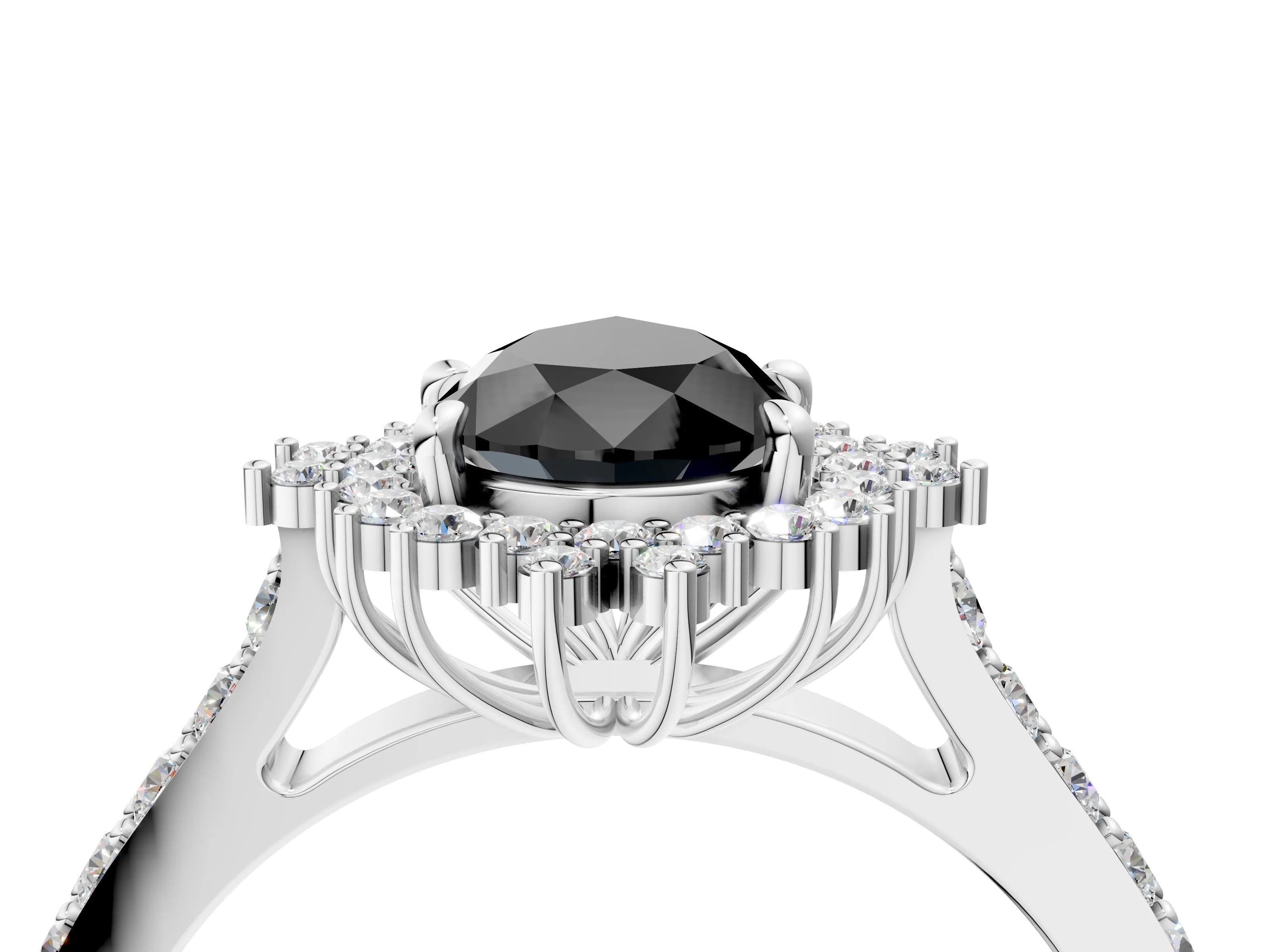 White gold Fancy Black Pear Cut Cut Diamond Sunburst Halo Engagement Ring with Pavé Band_16