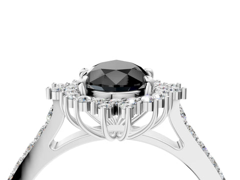 White gold Fancy Black Pear Cut Cut Diamond Sunburst Halo Engagement Ring with Pavé Band_16